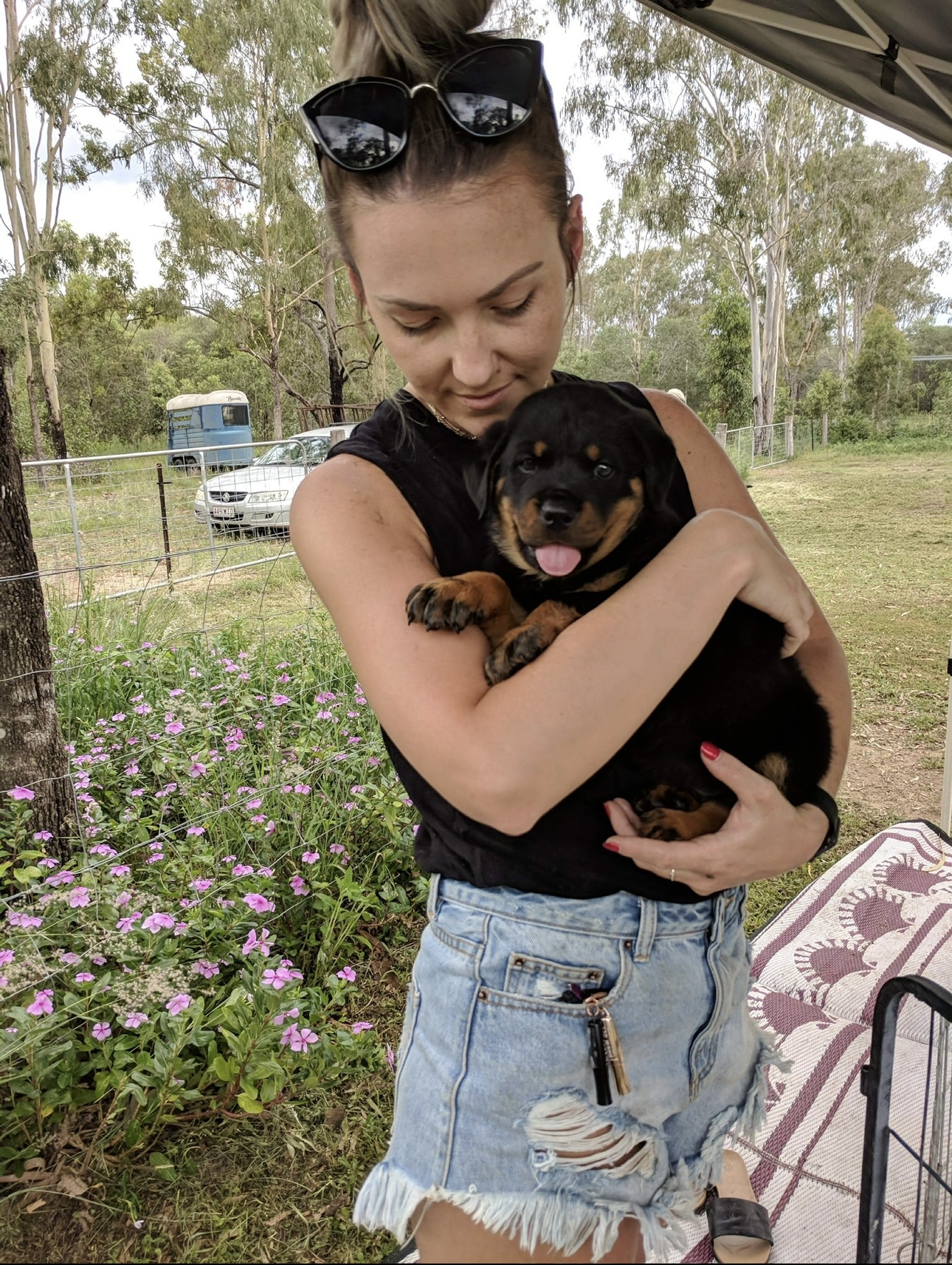 Portrait holding a rottweiler puppy